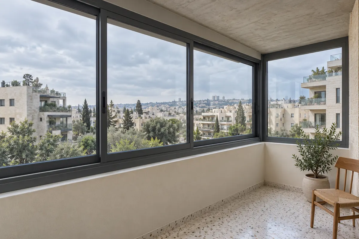 המחשה של סגירת מרפסת לחורף עם חלונות הזזה באלומיניום אפור